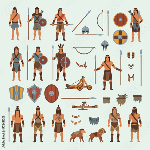 Ancient Tribal Warriors Set with Weapons and Armor.