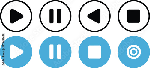 Media, control button icon set in black and blue, modern player interface symbols, audio video playback controls, clean minimal vector design.
