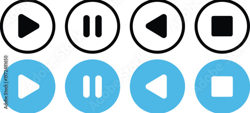 Media, control button icon set in black and blue, modern player interface symbols, audio video playback controls, clean minimal vector design.