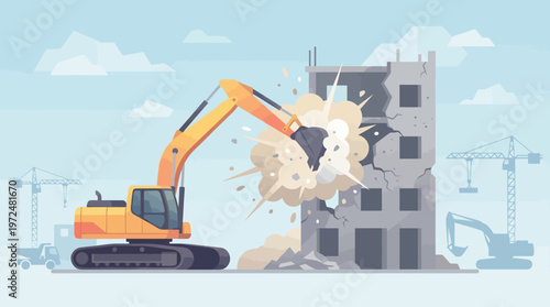 Yellow Excavator Demolishing Old Concrete Building Illustration - Heavy Machinery and Urban Construction Site Demolition Scene