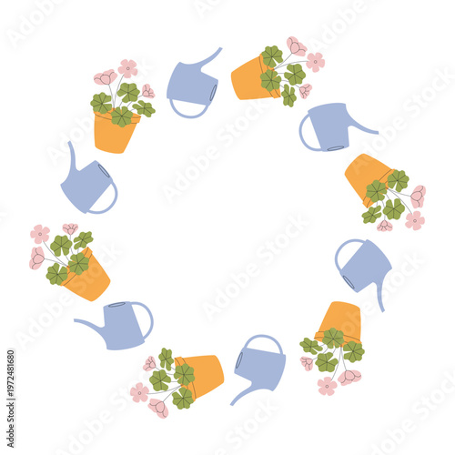 Circular frame featuring houseplant and watering can. Cute vector design for indoor gardening themes, plant care content and home decor branding.