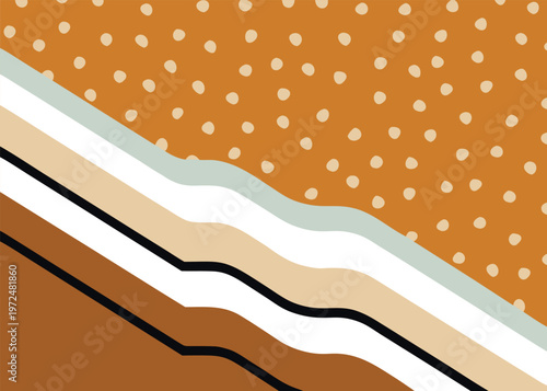 An abstract close up texture showcases wavy diagonal bands of white, tan, and mint green alongside an orange field filled with scattered light-colored spots.