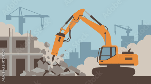 Excavator with Hydraulic Breaker Demolishing Building at Construction Site Illustration