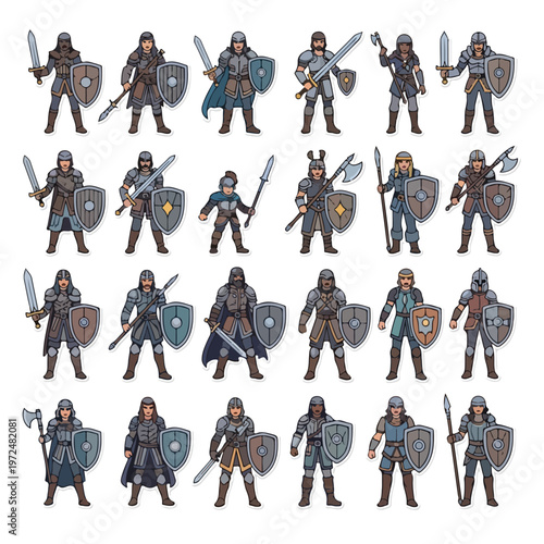 Collection of Fantasy Medieval Warriors with Swords Shields and Armor.