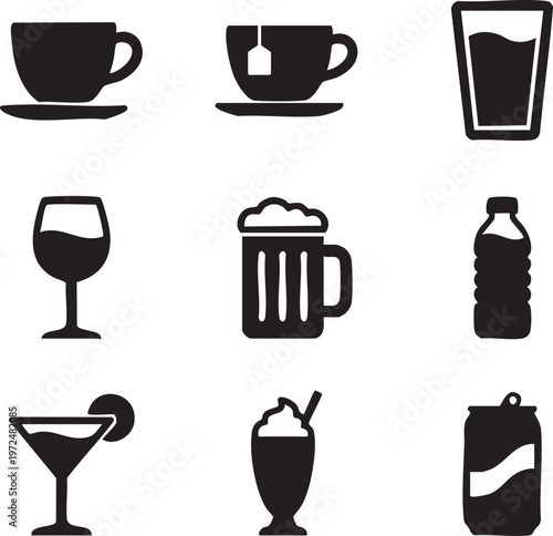 Extensive collection of various popular beverages and drinkware represented as sleek black vector silhouette icons