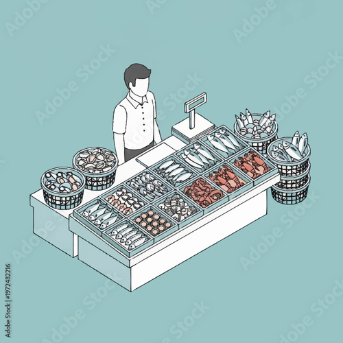 Isometric illustration of a butcher shop display.