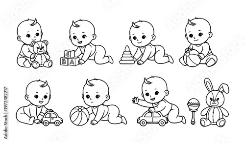 Cute babies playing toys outline vector cartoon set infant kids activity line art illustration isolated on white