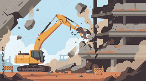 Excavator Demolishing Concrete Building Vector Illustration: Industrial Heavy Machinery and Urban Redevelopment Concept