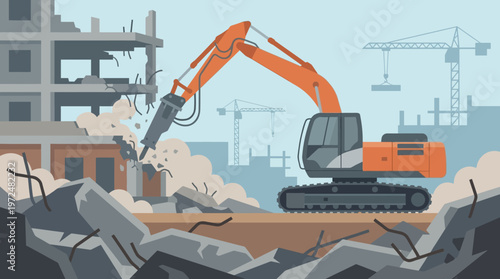 Industrial Construction Site Demolition Scene with Excavator and Hydraulic Breaker Flat Vector Illustration