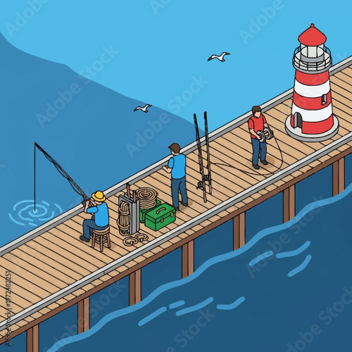 people fishing on a pier by lighthouse.