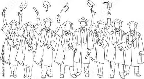 Group of graduates in academic dress throwing caps in the air line art