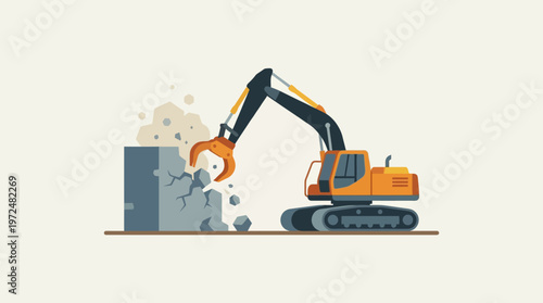Orange Demolition Excavator with Claw Attachment Breaking Concrete Wall Flat Illustration
