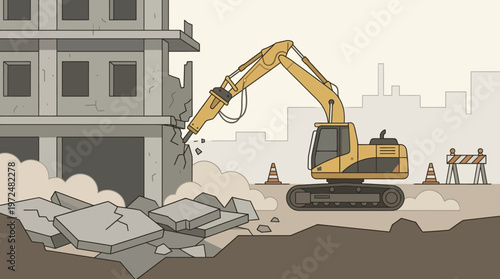 Heavy Duty Excavator with Hydraulic Breaker Demolishing Concrete Building at Construction Site Illustration
