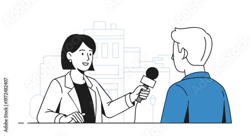 Female reporter interviewing man with microphone journalism concept flat 2D illustration