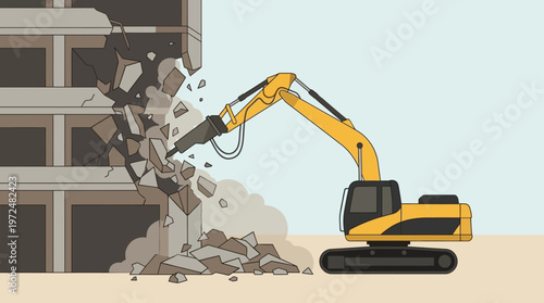 Excavator with Hydraulic Breaker Demolishing Concrete Building Structure - Flat Vector Illustration