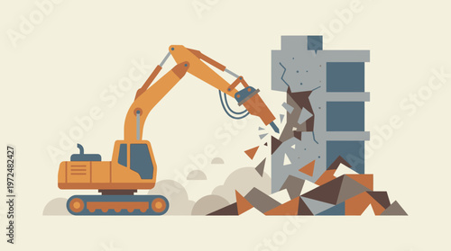Flat Vector Illustration of a Construction Excavator with a Hydraulic Jackhammer Demolishing a Concrete Building Wall with Rubble and Debris