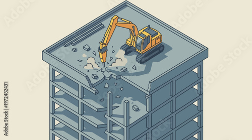 Isometric Illustration of a Yellow Excavator with a Hydraulic Breaker Demolishing a Concrete Building Structure for Urban Renewal