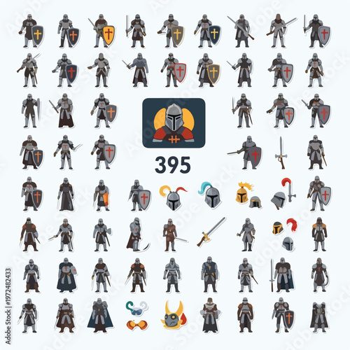 Collection of Medieval Knight Warrior Character Illustrations and Armor Sets.