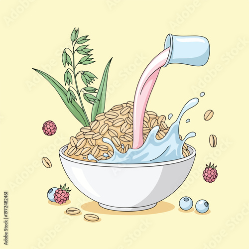 Cereal bowl with milk being poured.