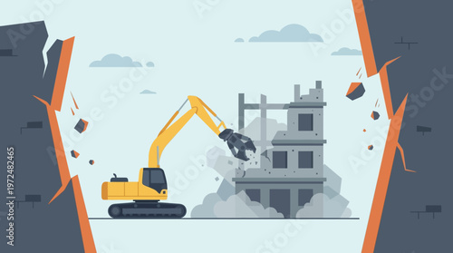 Yellow Excavator Demolishing Old Building for Urban Renewal, Vector Illustration of Construction Machinery Tearing Down Concrete Structure with Rubble and Dust