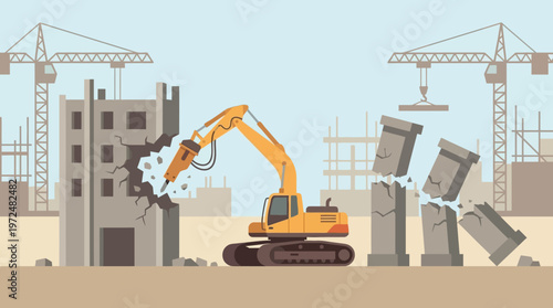 Yellow Excavator with Jackhammer Demolishing Concrete Building at Construction Site, Urban Renewal Vector Illustration