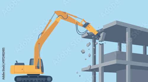 Flat Vector Illustration of a Yellow Excavator with a Jackhammer Attachment Demolishing a Concrete Building Frame