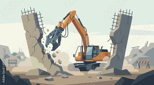 Heavy Excavator with Hydraulic Crusher Demolishing Reinforced Concrete Wall Illustration