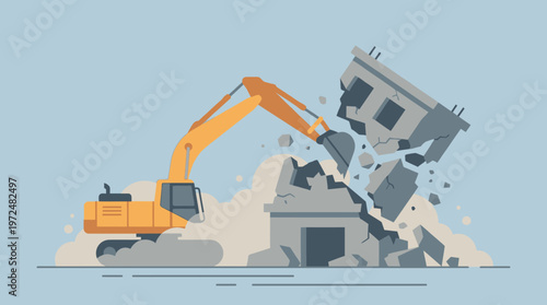 Excavator Demolishing Concrete Building Vector Illustration for Construction and Urban Renewal Concepts
