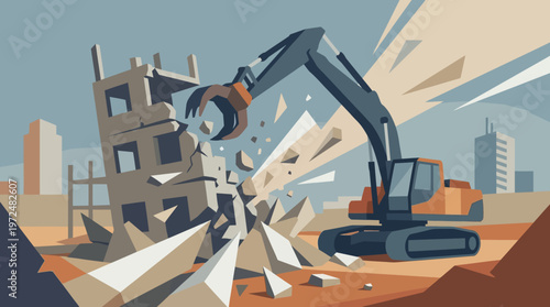 Excavator Machine Demolishing Old Concrete Building on Construction Site Vector Illustration