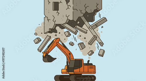Orange Excavator Demolishing Concrete Building, Flat Vector Illustration of Urban Renewal and Construction Site Destruction