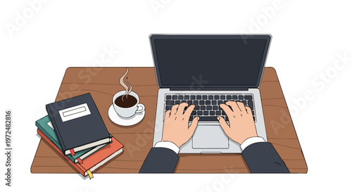 Flat 2D Illustration Remote Work Concept Hands Typing Laptop Coffee Books