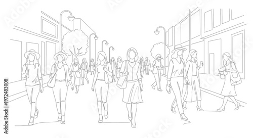 Sketch of People Walking Down a Busy Street.