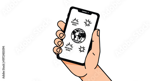 Hand holding smartphone with global breaking news journalism concept