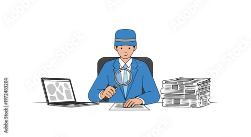 Investigator Examining Documents with Magnifying Glass Flat 2D Concept