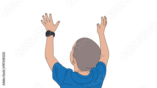 Back view of a boy with short hair and a smartwatch, enthusiastically raising his arms upwards, depicting excitement or reaching for something.