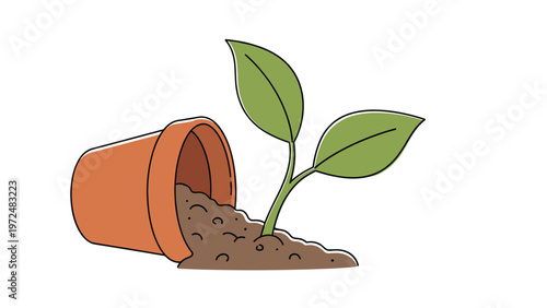 Charming vector illustration of an overturned terracotta pot with soil spilling out, nurturing a small green seedling with two vibrant leaves, symbolizing growth and new beginnings.