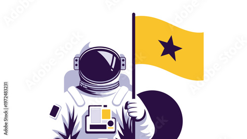 Bold vector illustration of an astronaut in a space suit, proudly holding a yellow flag adorned with a striking black star against a contrasting dark sphere background.