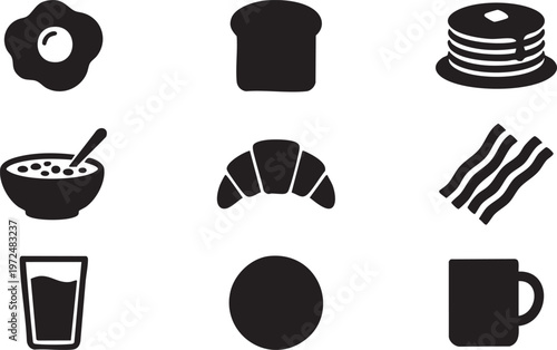 Collection of diverse breakfast food and drink icons for a hearty morning meal spread featuring essential items