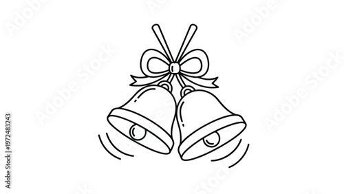 Charming black and white line art illustration of two traditional Christmas bells, tied together with a festive bow, gently ringing to herald the holiday season.