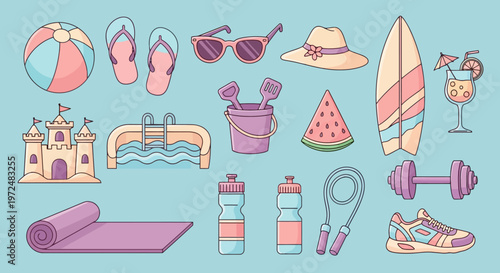 Summer beach vacation and sports equipment collection.