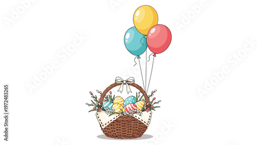Festive illustration of a charming Easter basket filled with beautifully decorated eggs, delicate willow branches, and colorful balloons, embodying springtime celebration.