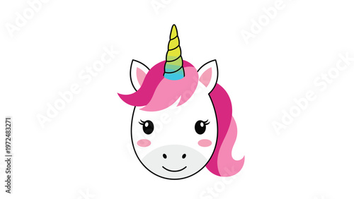 Adorable cartoon illustration of a magical unicorn's head, featuring a vibrant rainbow horn, soft pink mane, and sparkling eyes, radiating charm and fantasy.