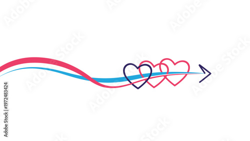Dynamic abstract illustration of a vibrant arrow composed of flowing colorful lines and three connected heart shapes, symbolizing love, direction, and passion.