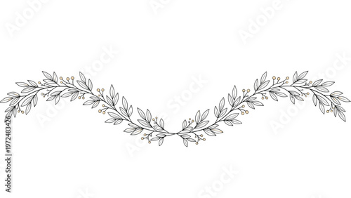 Elegant botanical border illustration featuring delicate intertwining branches with small leaves and golden beads, forming a graceful decorative element for designs.