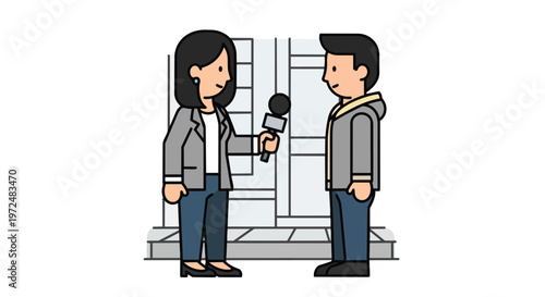 Journalism Concept Female Reporter Interviewing Man Flat 2D Illustration