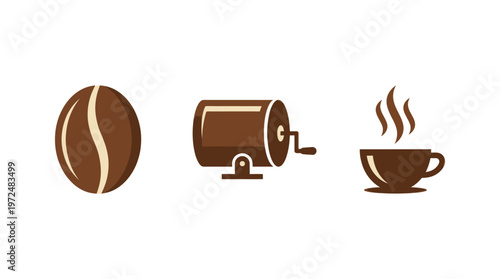 Coffee Bean, Grinder, and Steaming Cup Icons