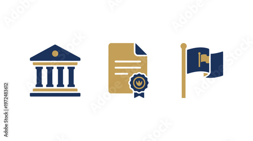Government building, official document, and flag icons representing law, authority, and nation.