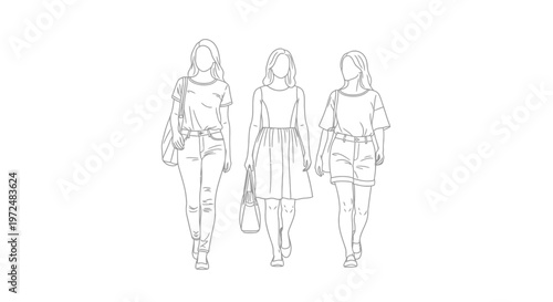 Three fashionably dressed women standing together in a line.
