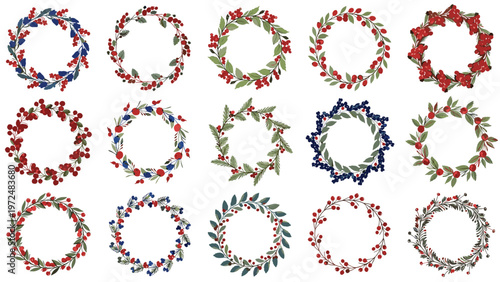 Diverse collection of festive Christmas wreaths, featuring an array of traditional and modern designs adorned with berries and foliage, celebrating the holiday season.