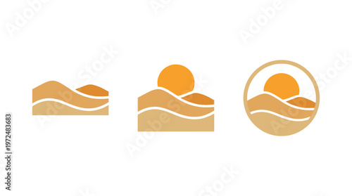 Desert Landscape Icons: Sun, Sand Dunes, and Horizon Variations